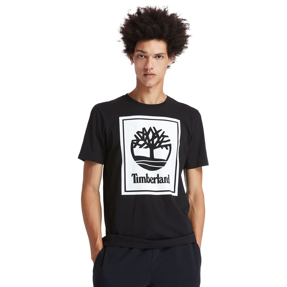 Camisetas Timberland Hombre Short-Sleeve Logo Negras/Blancas - Chile GTI-368470